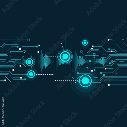 Abstract digital illustration of a sound wave and circuit board elements on a dark blue background.