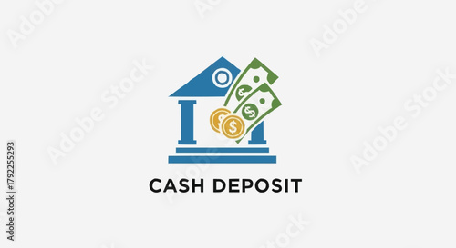 Cash Deposit Icon with Bank Building and Money.