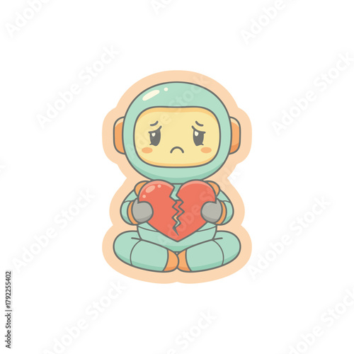 Sad cartoon astronaut character holding a broken red heart.