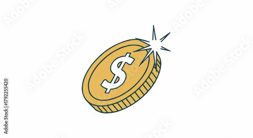 Shiny golden coin with dollar sign represents wealth and value.