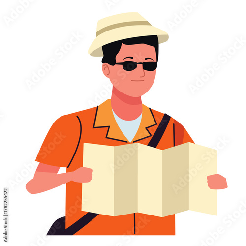 Adventurous man with map and hat exploring new destinations, embracing the thrill of discovery and travel