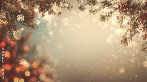 christmas background, elegant minimal holiday poster, soft bokeh lights, warm gold and red tones, snowflakes and pine branches around edges, clean empty space in the center for text, high quality, cin