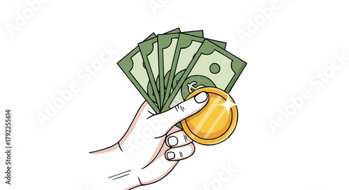 Hand holding a fan of dollar bills and a shiny gold coin, representing financial transactions and wealth.