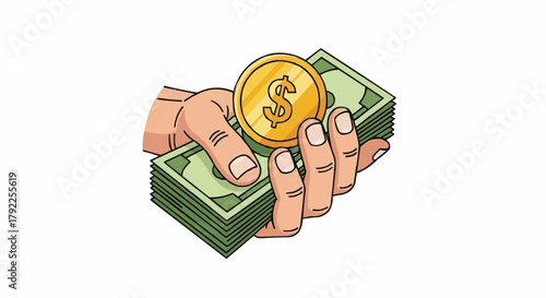 Hand holding money and coin representing wealth and financial success.