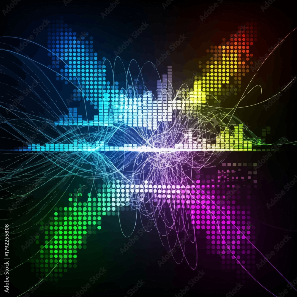 Obraz premium Colorful digital equalizer graphic with abstract lines and pixelated design on black background.