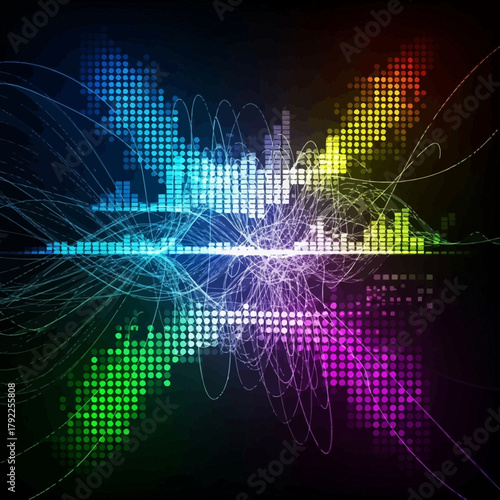 Colorful digital equalizer graphic with abstract lines and pixelated design on black background.