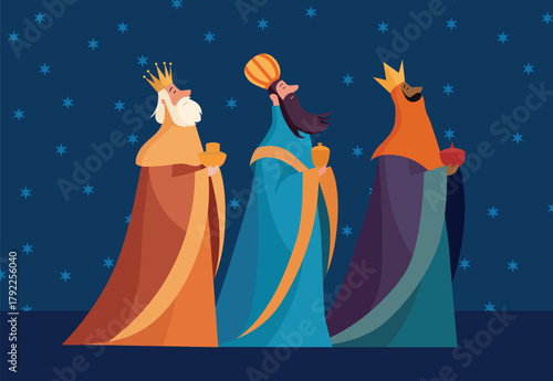 Three Wise Men Vector Illustration on Dark Blue Starry Background.