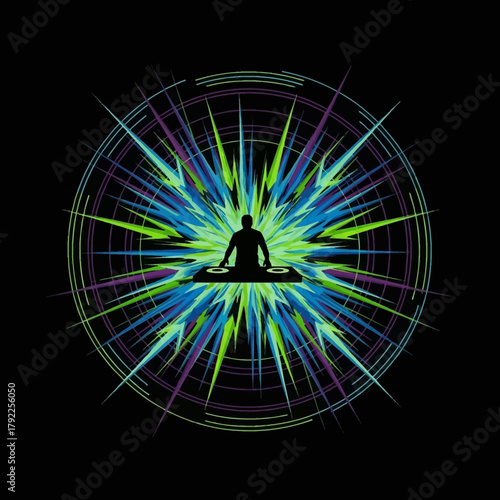 Silhouette of a DJ at a mixing console, surrounded by a vibrant, radiating burst of energy.