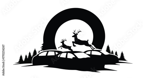 Majestic deer leap over cars in a surreal, moonlit forest scene.