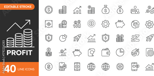 Editable stroke profit and finance line icons collection, vector money, investment, growth, chart, piggy bank, wallet, dollar, business symbols