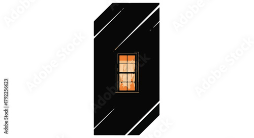 Warm light glows from a single window in a dark, abstract architectural structure.