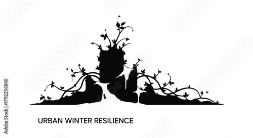 Silhouette of a person's head intertwined with growing plants, symbolizing urban nature and resilience.