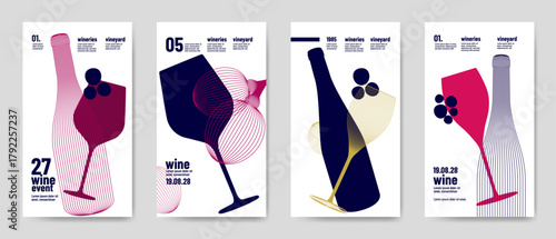 Design templates with wine elements for banners, posters, flyers and ads. Minimalist style with silhouettes of wine symbols. Vector illustration.
