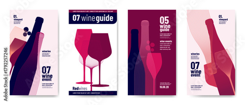 Design templates with wine elements for banners, posters, flyers and ads. Minimalist style with silhouettes of wine symbols. Vector illustration.