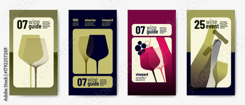 Design templates with wine elements for banners, posters, flyers and ads. Minimalist style with silhouettes of wine symbols. Vector illustration.