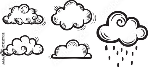 hand drawing, cloud set vector, black and white color