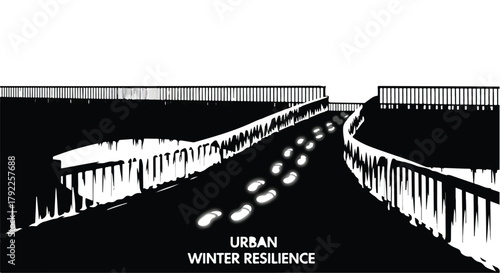 Footprints lead down a snowy urban road towards a bright horizon, symbolizing hope and resilience.