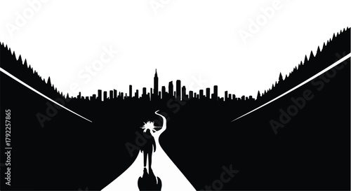 Lone figure walks down a path towards a distant city skyline, symbolizing ambition and the journey ahead.