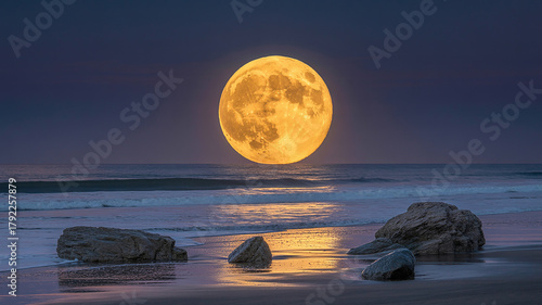 Fototapeta Naklejka Na Ścianę i Meble -  A dramatic nighttime beach scene with a full moon rising over the ocean horizon.