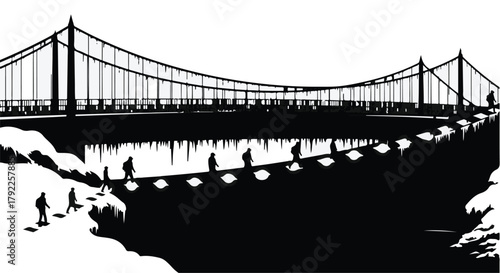 Silhouetted figures traverse a precarious bridge over a vast expanse, symbolizing challenge and journey.