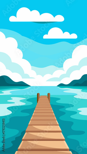 Wooden pier extending into a calm turquoise ocean under a bright blue sky with fluffy white clouds