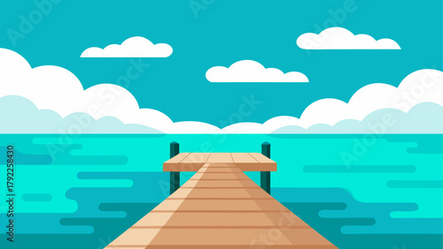 Wooden pier extending into turquoise water under a blue sky with clouds
