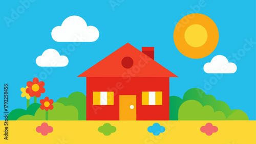 Simple cartoon house with flowers and sun on a bright blue sky background