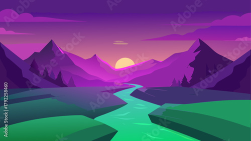 Vibrant sunset over purple mountains and a winding turquoise river in a stylized landscape