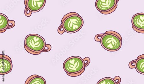 Cute matcha latte seamless pattern background