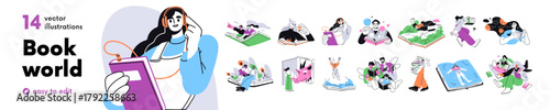 Book world concepts set. People readers studying, reading fantasy, fiction, learning education literature. Imagination and knowledge. Flat graphic vector illustrations isolated on white background