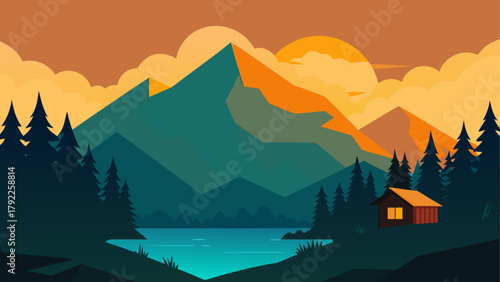 Serene mountain landscape with a cozy cabin by a lake at sunset