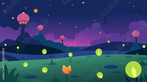 Whimsical alien landscape with glowing flora and futuristic structures at night