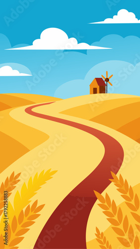 Stylized autumn landscape with a winding road leading to a farmhouse and windmill