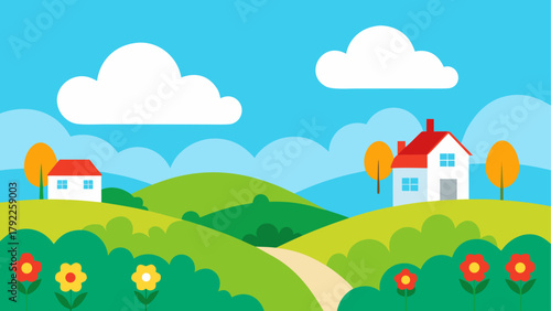 Charming cartoon landscape with rolling green hills two houses trees and flowers under a blue sky with clouds