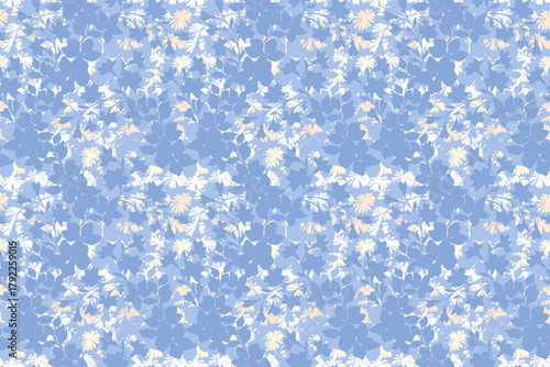 Seamless vector floral pattern with blue and beige silhouettes of spring flowers and leaves. Elegant botanical design for fabric, wrapping paper, and home decor