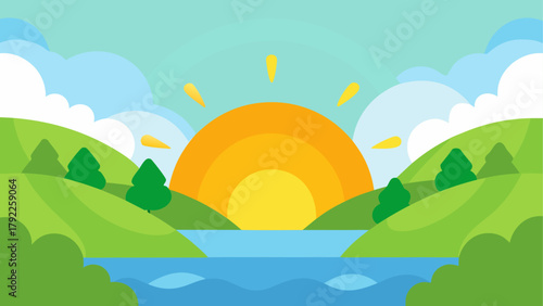 Vibrant sunrise over a serene lake with rolling green hills and fluffy clouds