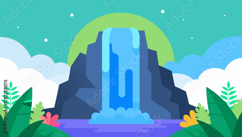 Vibrant flat design waterfall scene with lush foliage and clouds