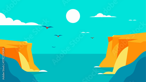 Flat design illustration of a coastal landscape with cliffs and birds flying in the sky