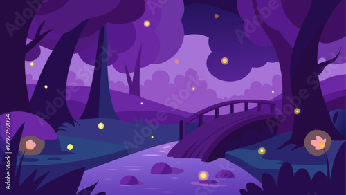 Enchanted forest landscape with a bridge over a stream and glowing fireflies at night