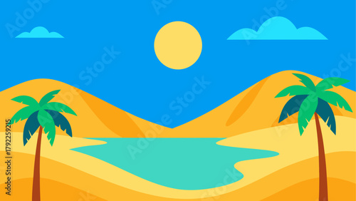 Vibrant desert oasis with palm trees and a calm lake under a sunny sky