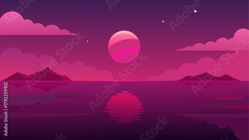 Vibrant pink and purple sunset over a calm ocean with distant mountains and clouds