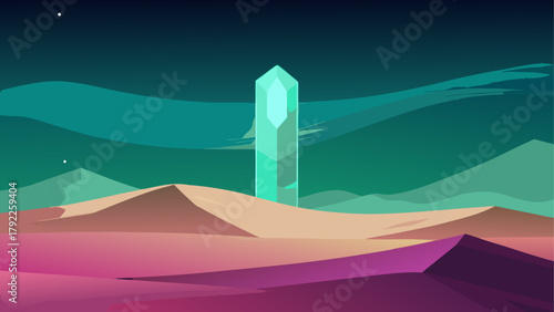 Vibrant alien landscape with a glowing crystal tower under a teal sky