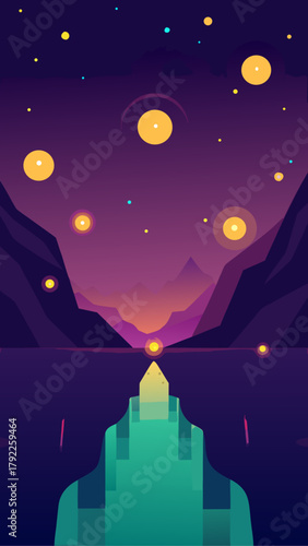 Mystical landscape with glowing orbs and mountains at twilight