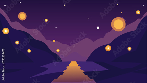 Surreal night landscape with glowing lanterns and a path leading into the distance