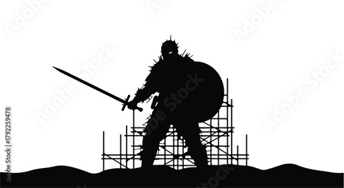 Silhouetted warrior with shield and sword stands ready against a backdrop of scaffolding, embodying strength and readiness.