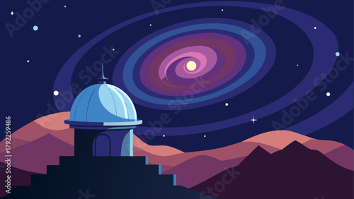 Observatory dome under a swirling galaxy and starry night sky