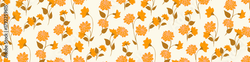 Seamless vector floral pattern with orange flowers and brown leaves on a light beige background. Elegant botanical design for fabric, wallpaper, wrapping,  autumn decor