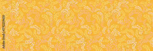 Seamless abstract botanical pattern with delicate leaf stems in soft pastel tones on a warm mustard background. Elegant modern design for fabric, wallpaper, and wrapping