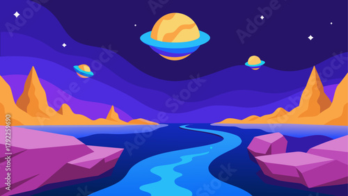 Vibrant alien landscape with planets and a winding river under a starry sky