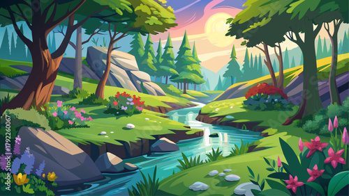 Very beautiful mesmerizing springtime at Pickle Creek in Hawn State Park, Missouri, featuring blooming wildflowers, vibrant green foliage, sparkling creek waters, and sunlight filtering through lush t